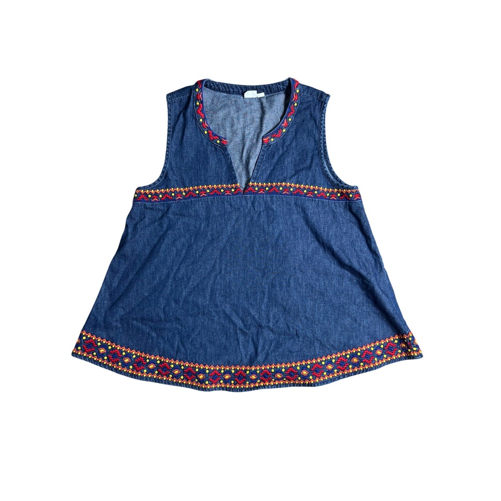 GAP Embroidered Denim Tunic Top Women's XS Blue Sleeveless V‎ Neck